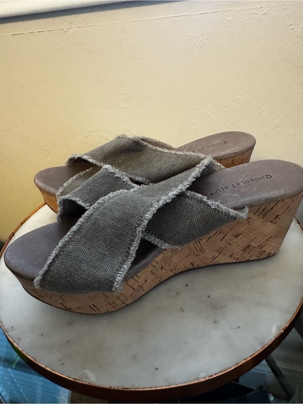 Chocolat Blu Frayed Crisscross Olive Wedge Sandals